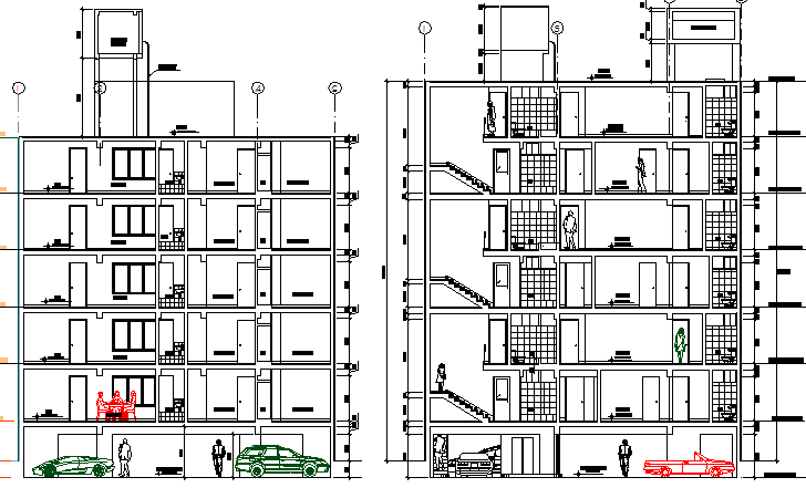 Multi-flooring residential building side sectional view dwg file - Cadbull