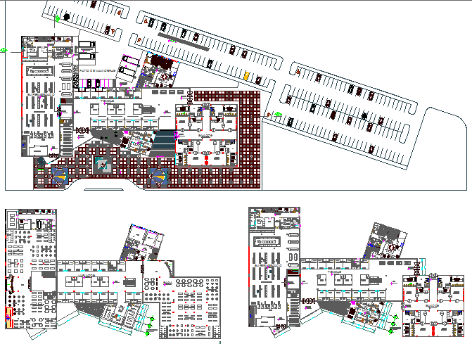 Multi-flooring shopping center ground, first and top floor plan details ...