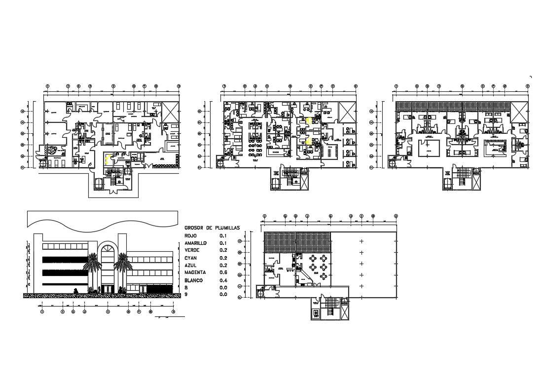 Multilevel hospital main elevation and floor plan details