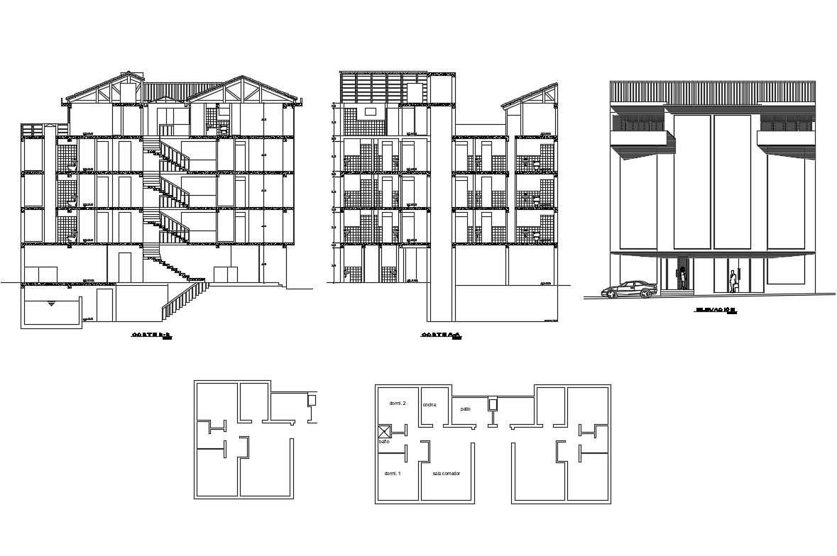 Multi-story apartment building all sided elevation, section and auto ...