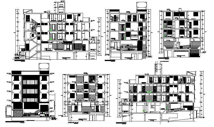 Multi-story residential apartment building all sided elevation and ...