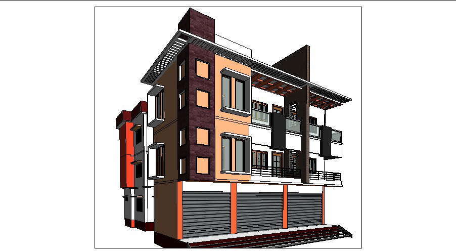 Multi-story residential flats with commercial 3d building cad drawing