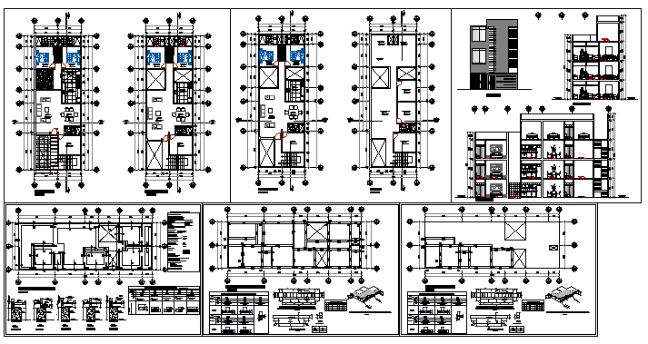 Multifamily house three floors and roof design drawing - Cadbull