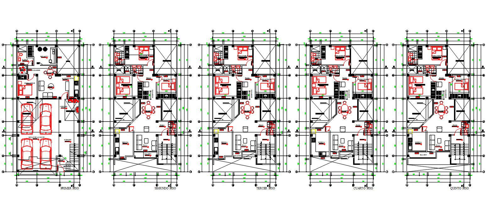 Multistory Bhk Apartment Furniture Layout Plan With Center Line Autocad Drawing Cadbull