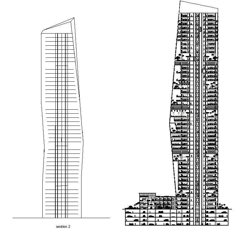Multi Story High Rise Building Elevation And Section Details Autocad