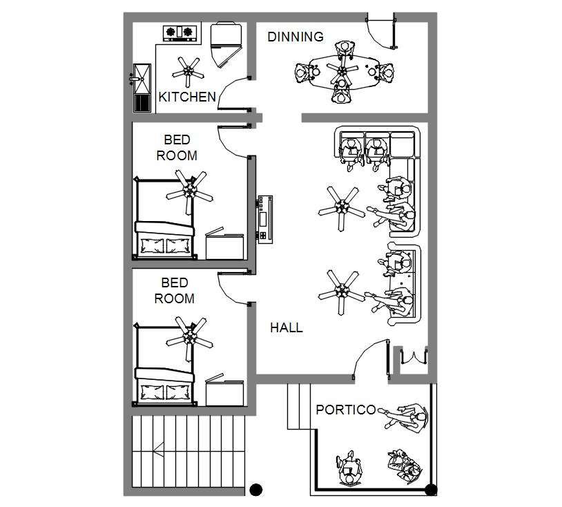 North Facing 2 BHK House Plan With Furniture Layout DWG File - Cadbull