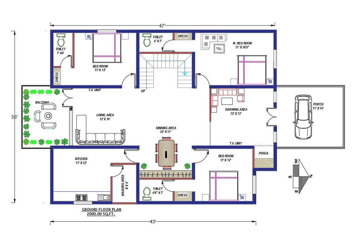 North Facing 3 Bhk House Architecture Plan Drawing Download Dwg File Cadbull