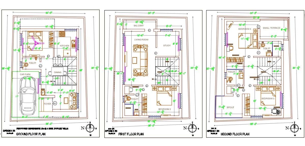North Facing 3 Storey House Floor plan Drawing DWG File - Cadbull
