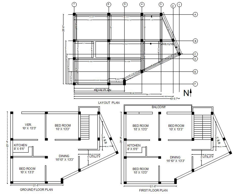 North Facing House Plan With Center Line Column Layout Plan Autocad 