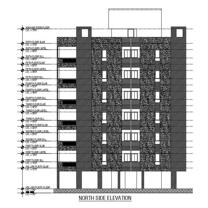 North side elevation view of 155’x125’ apartment building is given in ...