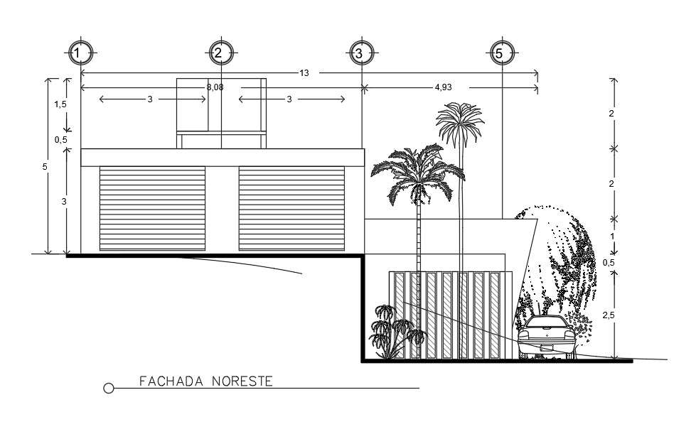 North side elevation view of 9X13m house building is given in this ...