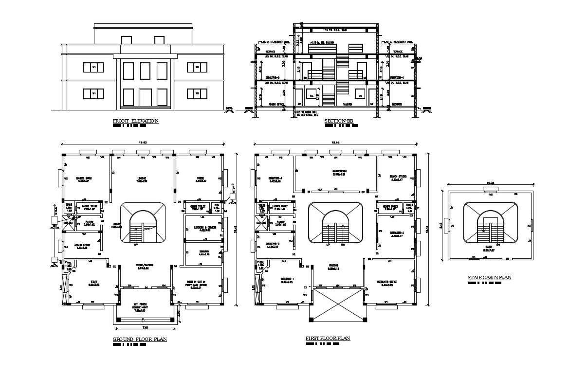 Office Building Plan Elevation And Section Cad Drawing Cadbull