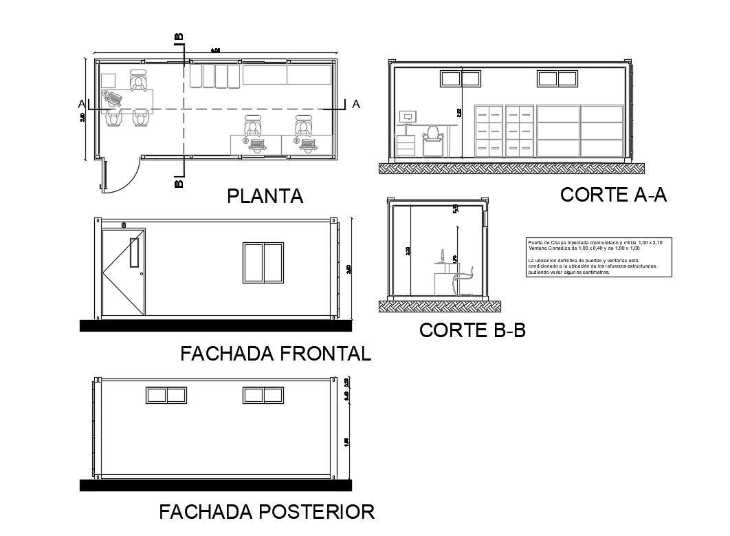 Office Cabin Elevation Section And Plan Details Dwg File Cadbull