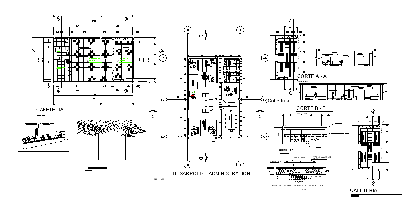 Offices-cafeteria Section plan and layout plan dwg file - Cadbull