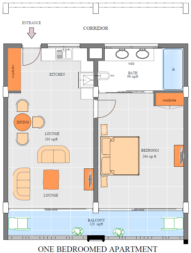 One Bedroom Apartment plan - Cadbull