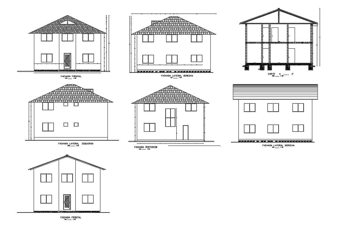 One family small house elevation and section details dwg file - Cadbull