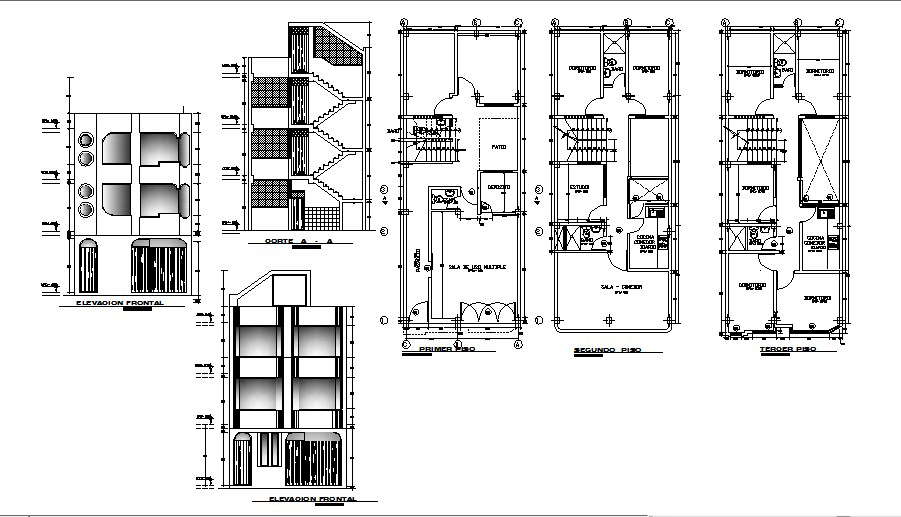 One family three level house detailed architecture project dwg file ...