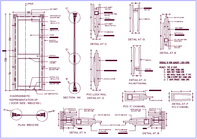 PVC door design with section view dwg file - Cadbull