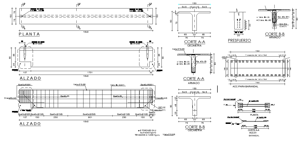 Pedestrian bridge plan and section details are given in this 2D Autocad ...