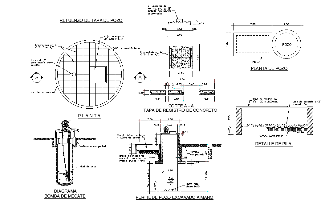 Perfile de pozo excavaido a mano details are given in this 2D Autocad ...