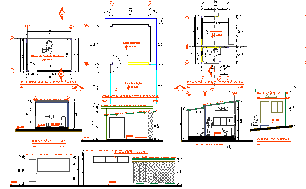 Plan, elevation and section detail dwg file - Cadbull