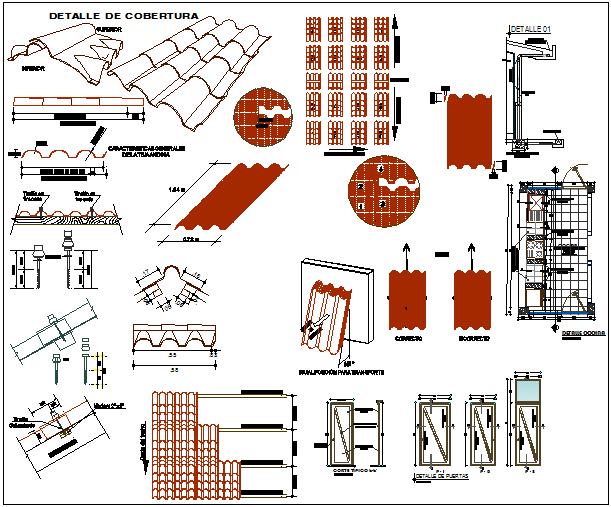 plan and detail view of roof with tile and its structure