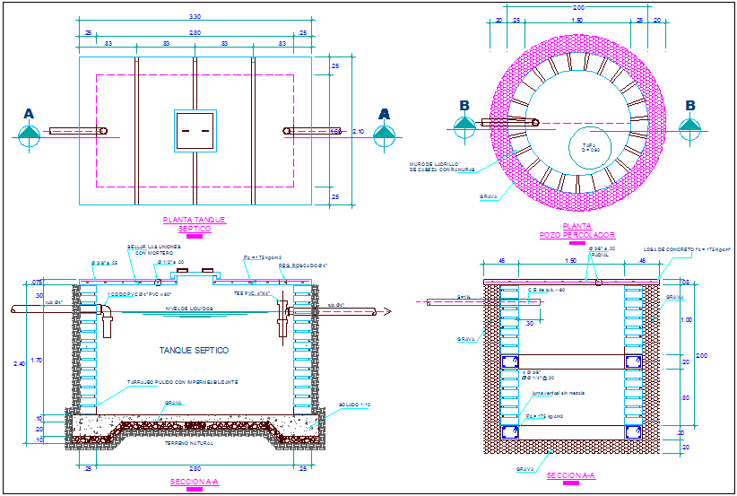 Plan and section view of school with tank and piping view dwg file ...