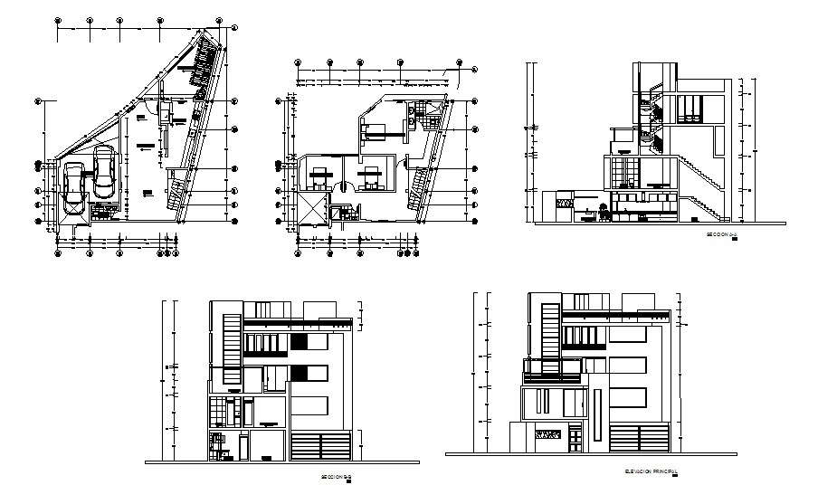 Plan Of House Design With Elevation And Section In Dwg File - Cadbull