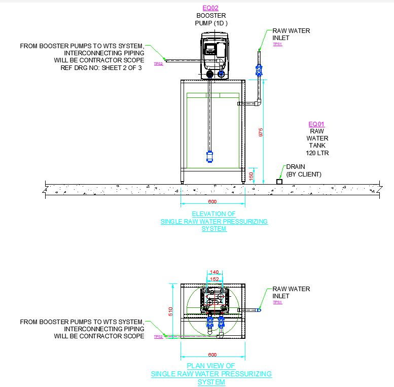 Plan and Elevation CAD Drawing for Water Storage Tank with Pump DWG ...