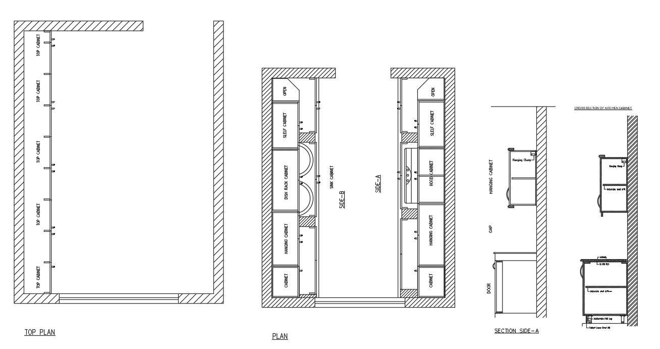 Plan and side section of kitchen in AutoCAD 2D drawing, dwg