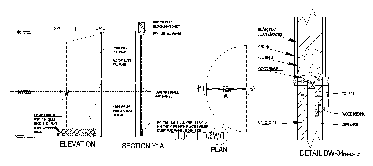 Plan, elevation, and section drawing of the door - Cadbull