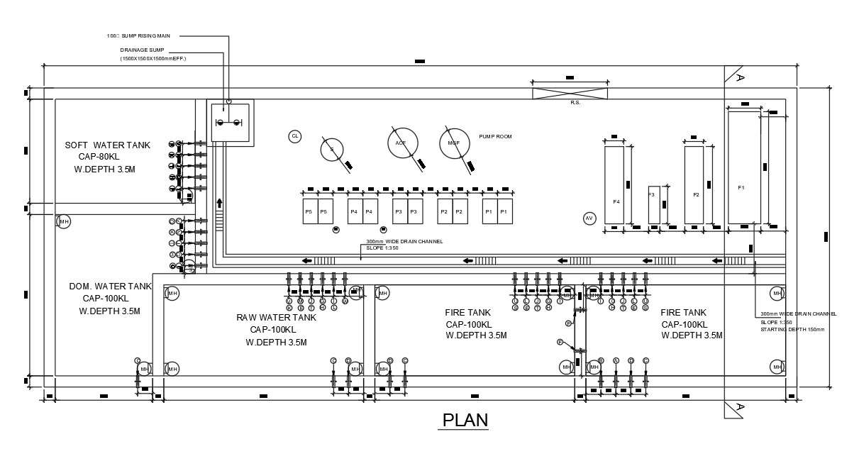 Plan of 30x12m underground pump room detail drawing is given in this