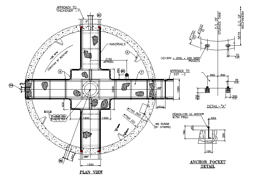 Plan view of sludge storage tank details has given in this 2D Autocad ...