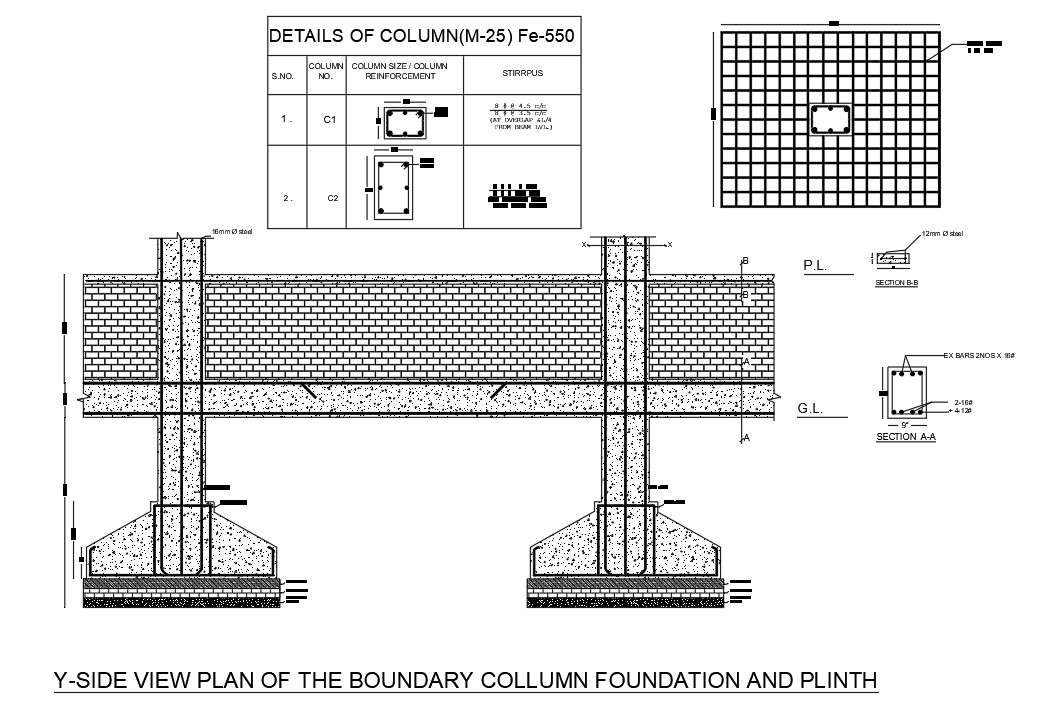 Plinth Level Column Foundation Cad Drawing Cadbull