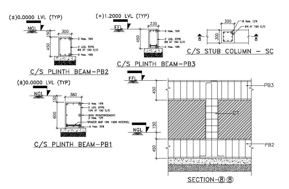 Plinth Beam Design 2d AutoCAD Drawing - Cadbull