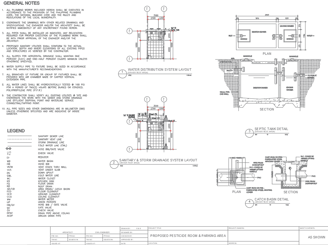 Plumbing Details for Pesticide Room and Parking Area Drawing In DWG ...