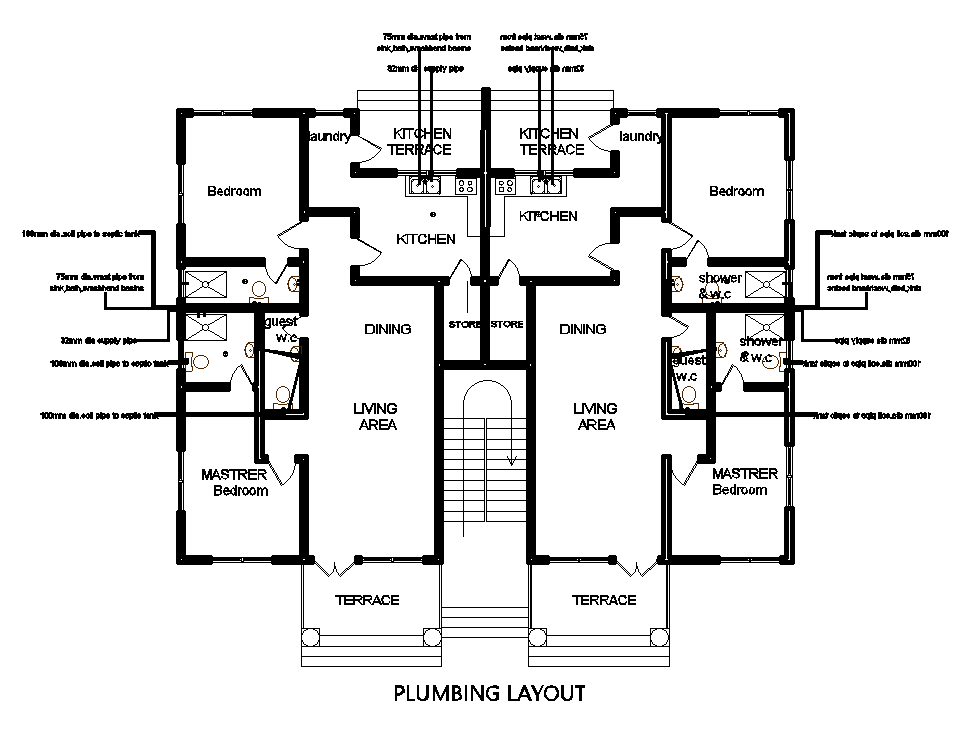 Plumbing Layout Of 18x15m House Plan Of Residential Building Is Given In This Autocad Drawing