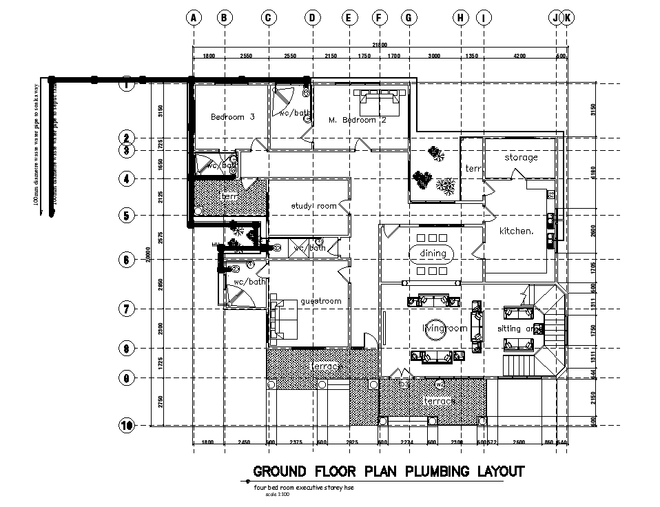 Plumbing Layout Of 22x20m Ground Floor House Plan Is Given In This Autocad Drawing File