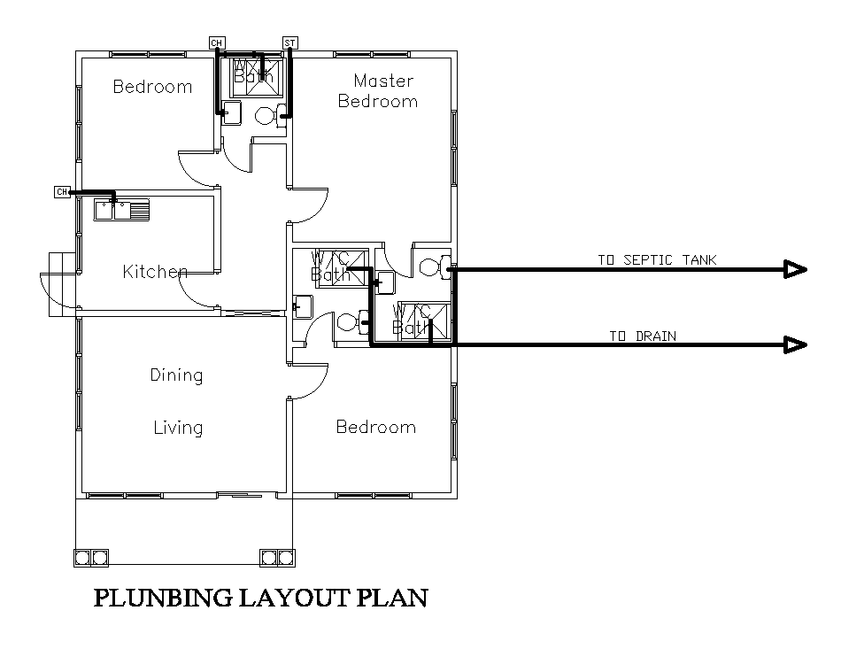 Plumbing Layout Of 9x11m Ground Floor House Plan Is Given In This Autocad Drawing File Download