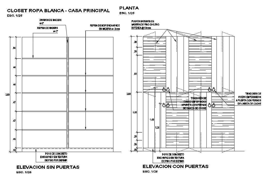 Principal room closets section and Elevation detailed CAD drawing ...