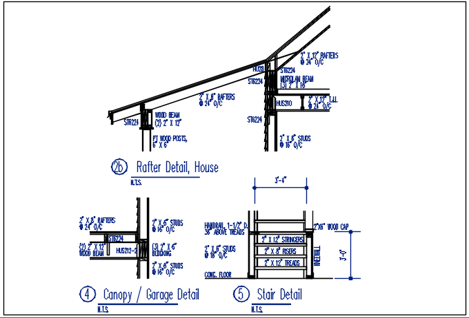 Rafter detail, house and stair detail, garage detail dwg file - Cadbull