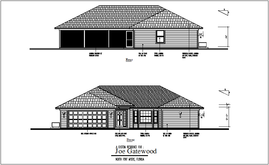 Rear and front view of bungalows dwg file - Cadbull