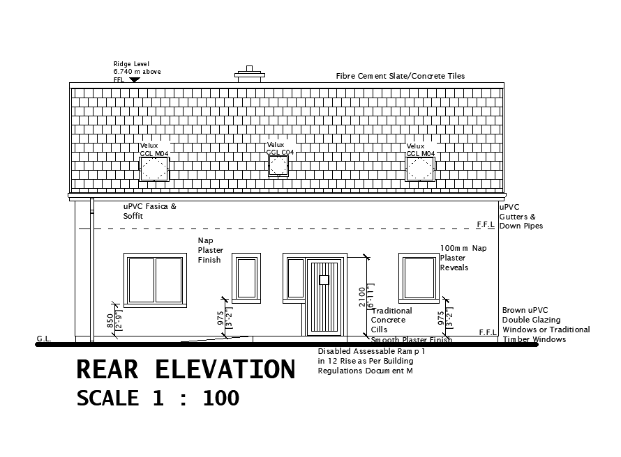 Rear Side Elevation Of 11x8m House Plan Is Given In This Autocad Drawing Filedownload Now