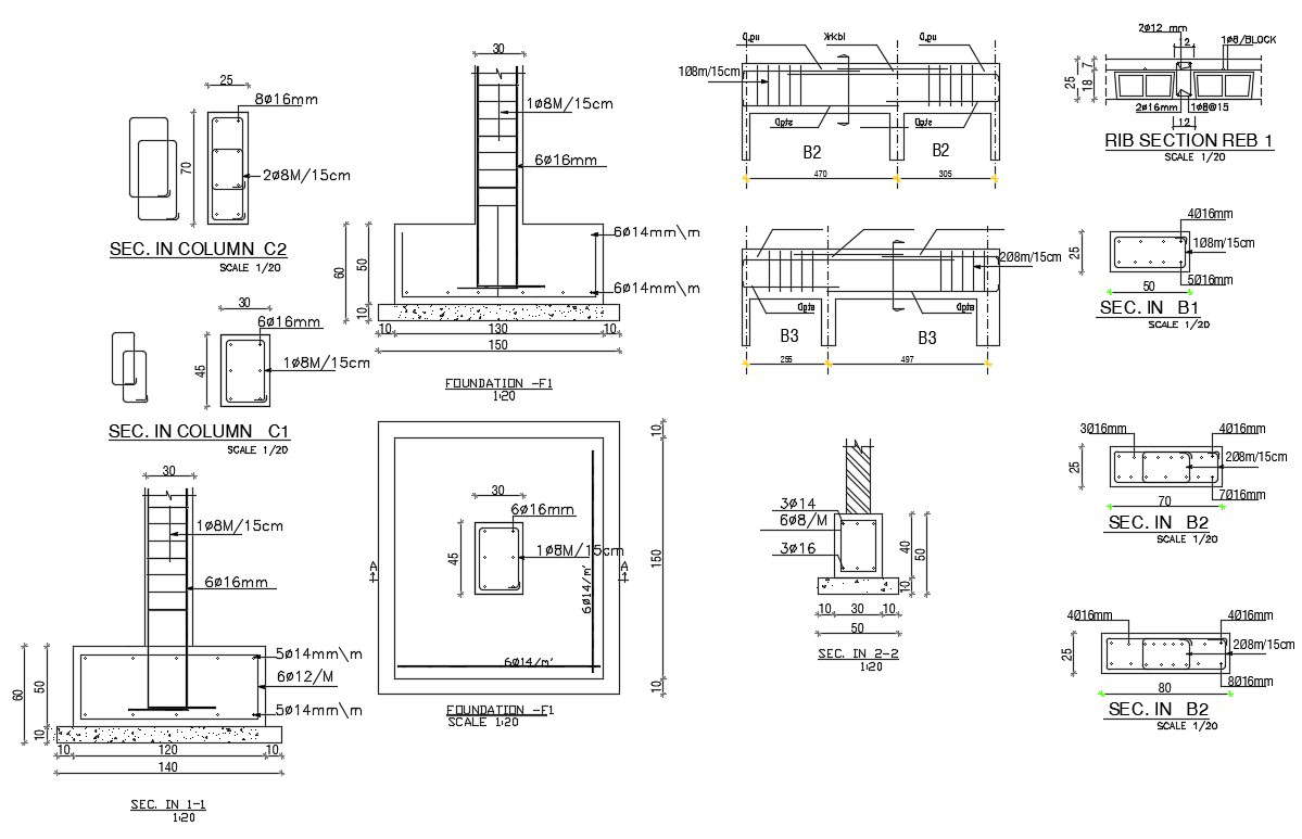 Reinforced Foundation Column Plan With RCC Structure Design - Cadbull