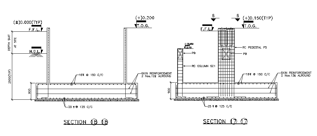 Column And Wall Footing Reinforcement Section Cad Drawing Dwg File