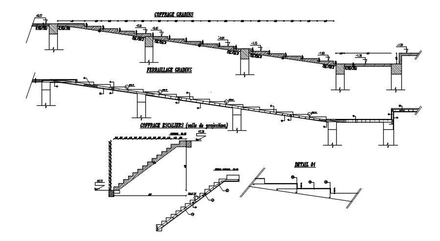 Reinforcement and formwork details of the stairs in AutoCAD 2D drawing ...