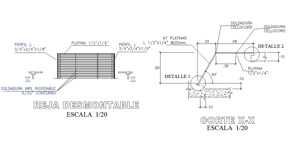 Removable grating plan and section layout detail - Cadbull