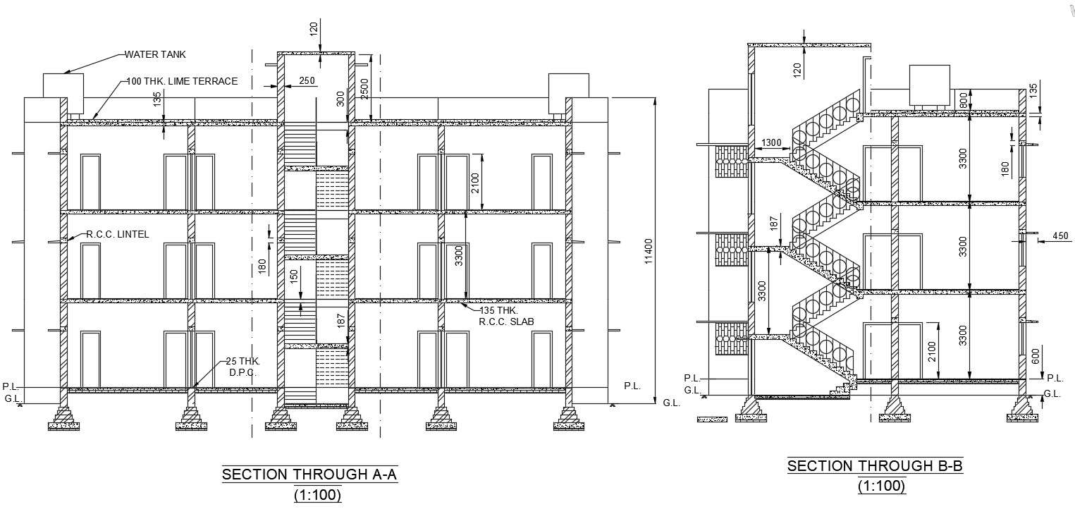 Residential Building Section Drawing Free Download Cadbull