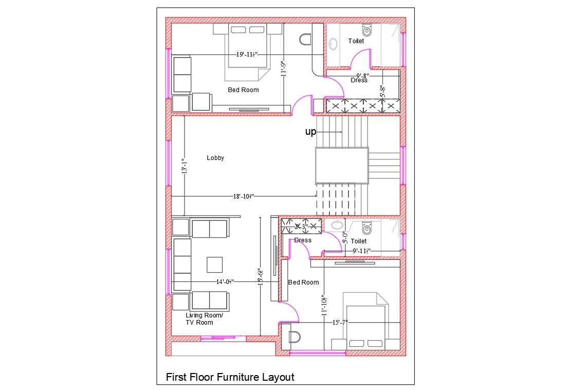 Residential First Floor Plan With Furniture Design AutoCAD