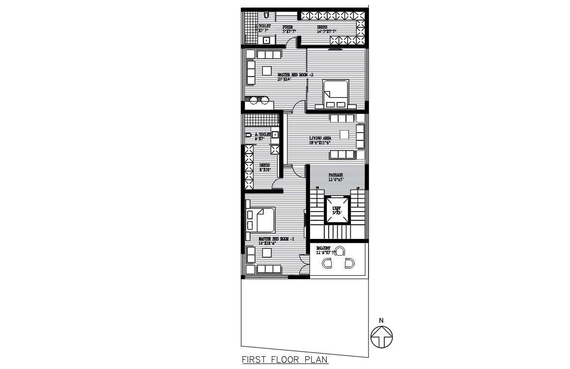 Residential House First Floor Plan AutoCAD Drawing Cadbull